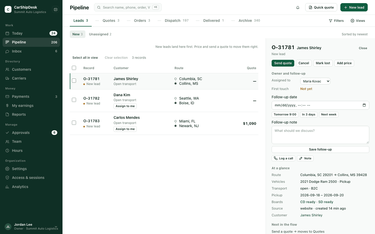 The pipeline page: stage tabs, a list of new leads, and a preview pane showing route, vehicles, boards and the next step